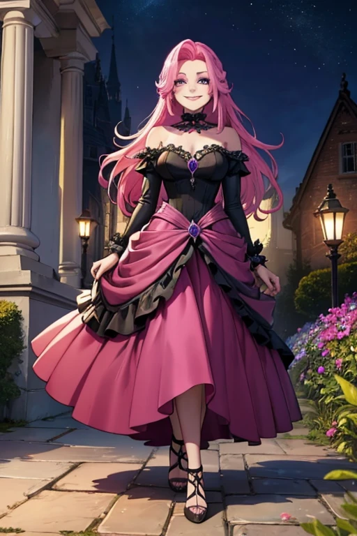 Perfect face. Perfect hands. A pink haired woman with violet eyes an hourglass figure in a leather ball gown is walking while smiling in a Gothic garden at night