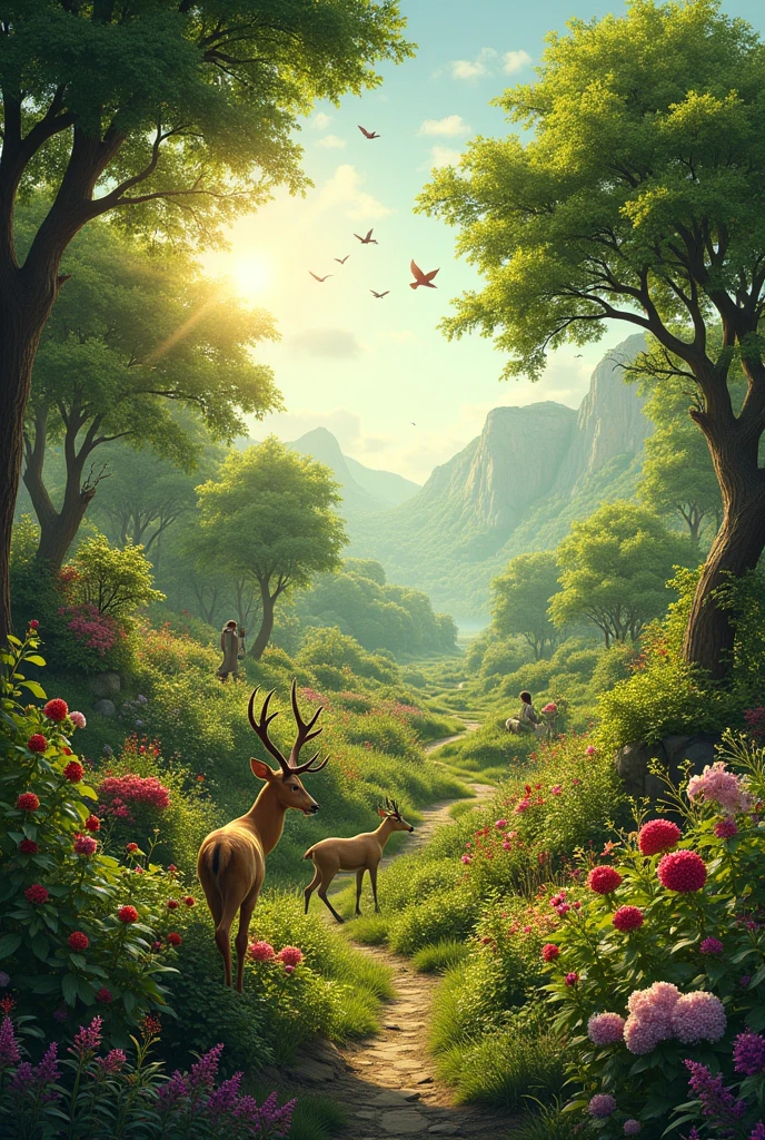 Life Cycle and Nature: An image showing the cycle of life in nature, like the growth of plants, the interaction between animals and the environment, and how people participate in this cycle in a respectful and harmonious way.