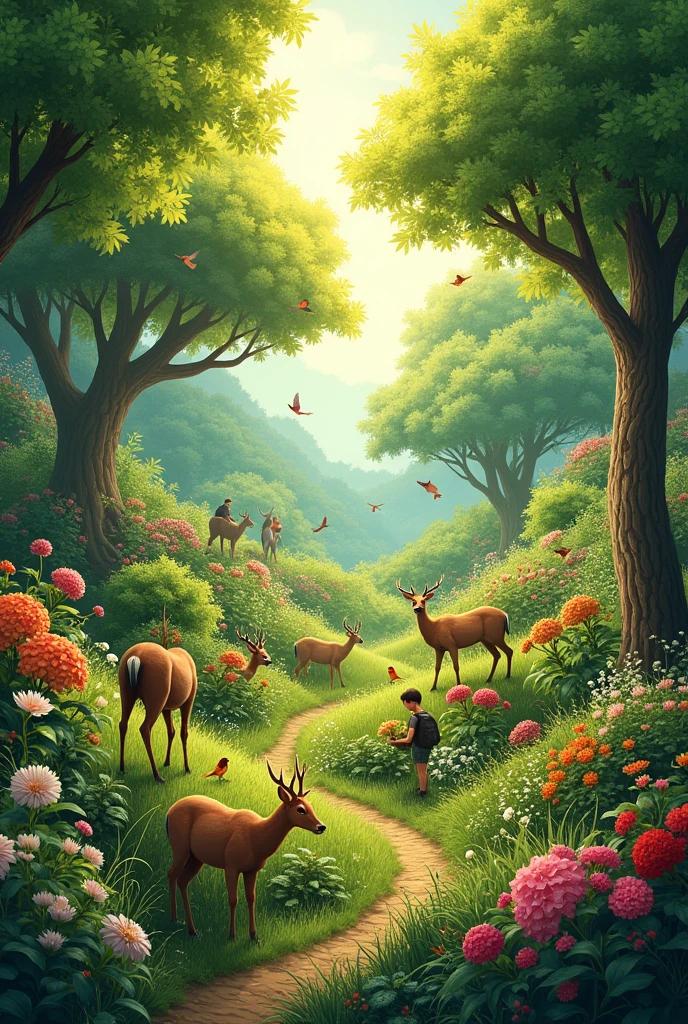 Life Cycle and Nature: An image showing the cycle of life in nature, like the growth of plants, the interaction between animals and the environment, and how people participate in this cycle in a respectful and harmonious way.