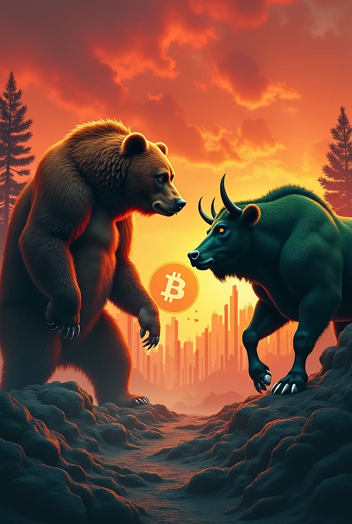 a bear facing a bull, behind the bear the scenery is red, behind the bear the scenery is green, in the general background of the image you can see bars from a financial market graph, the Bitcoin symbol appears between the 2 animals that seem ready to face each other in a battle