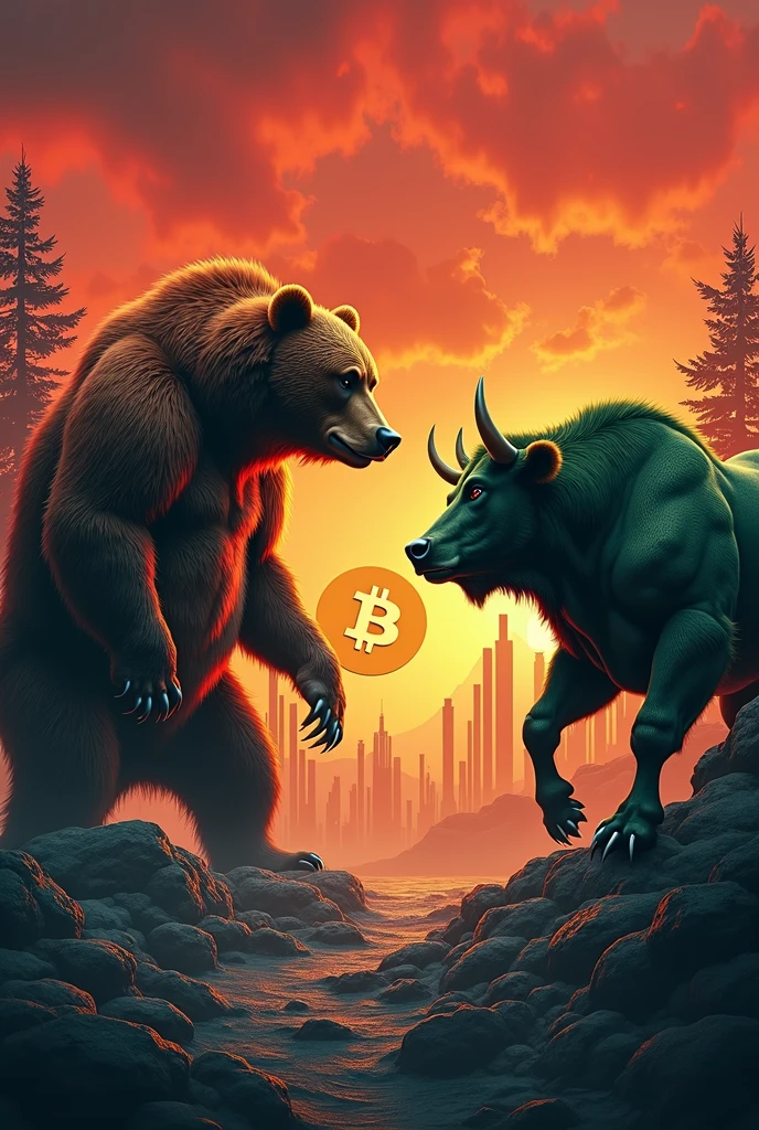 a bear facing a bull, behind the bear the scenery is red, behind the bear the scenery is green, in the general background of the image you can see bars from a financial market graph, the Bitcoin symbol appears between the 2 animals that seem ready to face each other in a battle