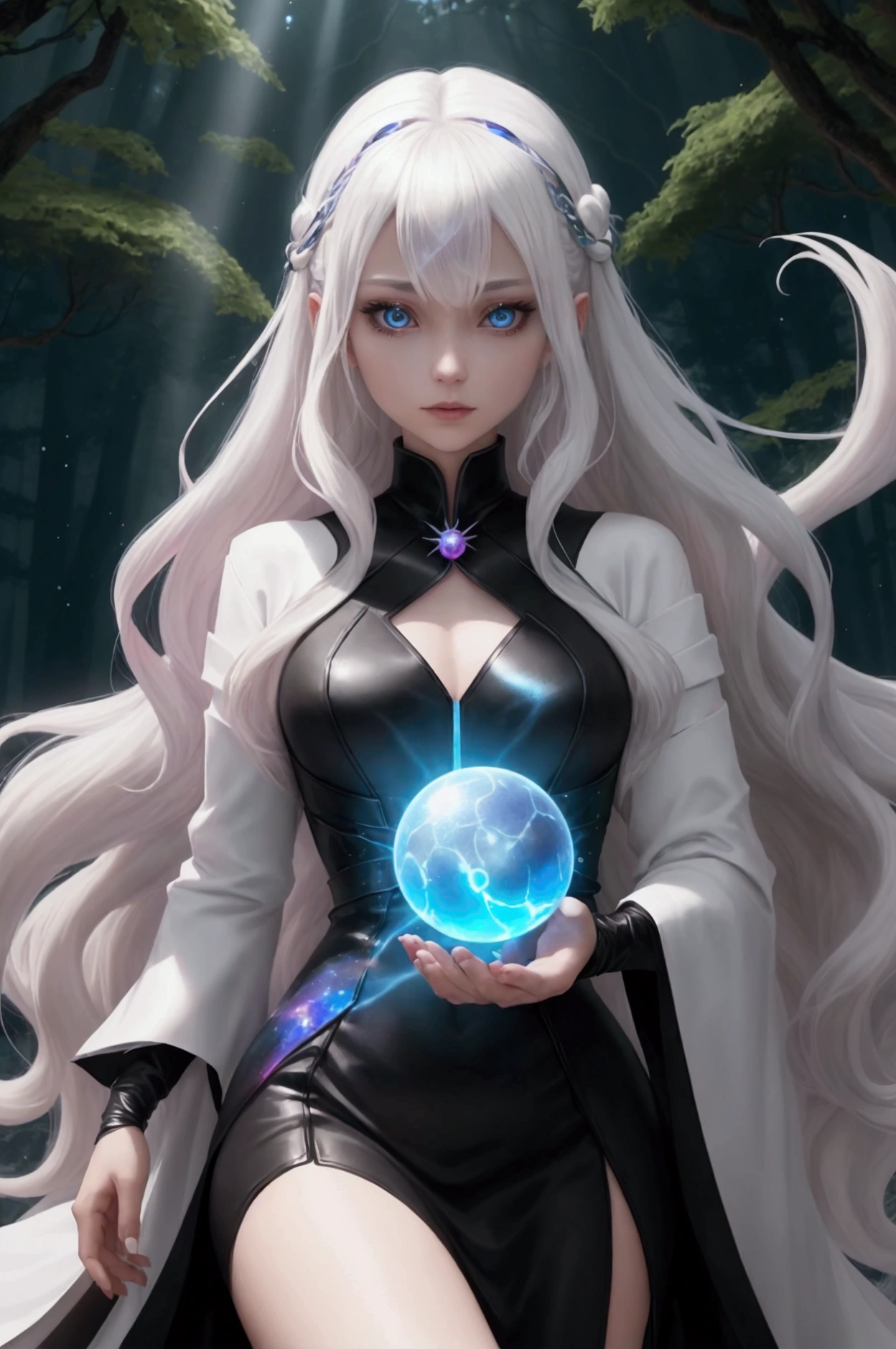 A female mage holding a colorful holographic floating orb which radiates waves of magic. The female has long platinum blonde hair. She displays great obsession over the orb and protect it at all cost. giving her a yandere vibe. She is dressed in a black dress and is wearing a white robe. they are located in the forest where the holographic orb can be found. Ignore bad anamoty and no more than two hands. Image focus needs to be on the orb and the female character.