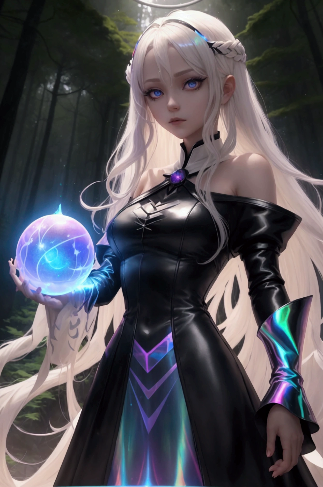 A female mage holding a colorful holographic floating orb which radiates waves of magic. The female has long platinum blonde hair. She displays great obsession over the orb and protect it at all cost. giving her a yandere vibe. She is dressed in a black dress and is wearing a white robe. they are located in the forest where the holographic orb can be found. Ignore bad anamoty and no more than two hands. Image focus needs to be on the orb and the female character.