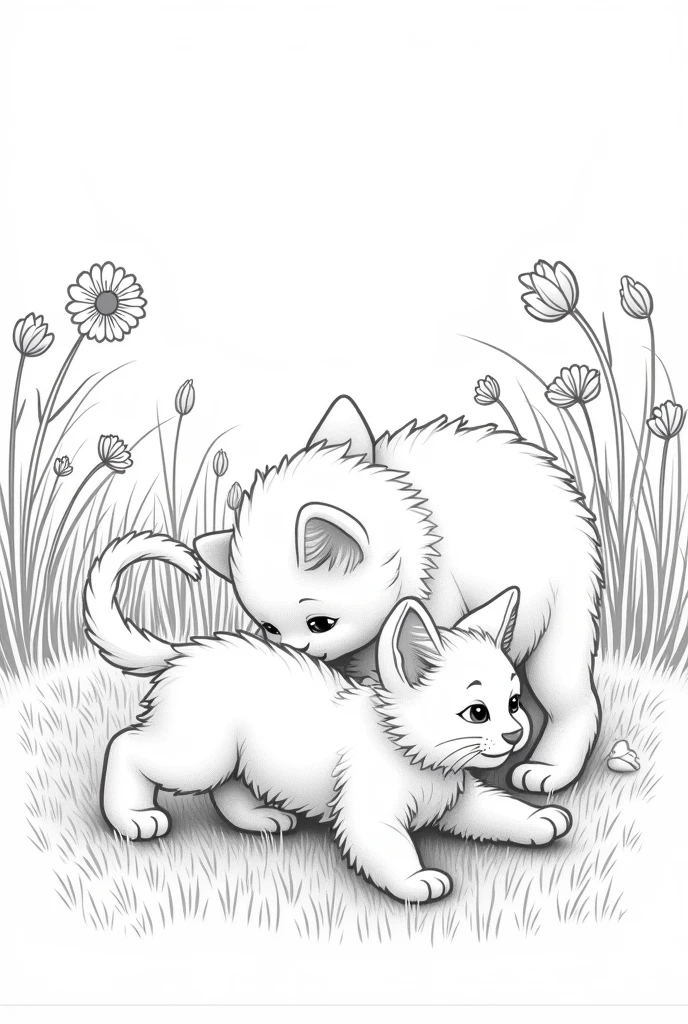 A black and white coloring page of a cute kitten with its mother in a field