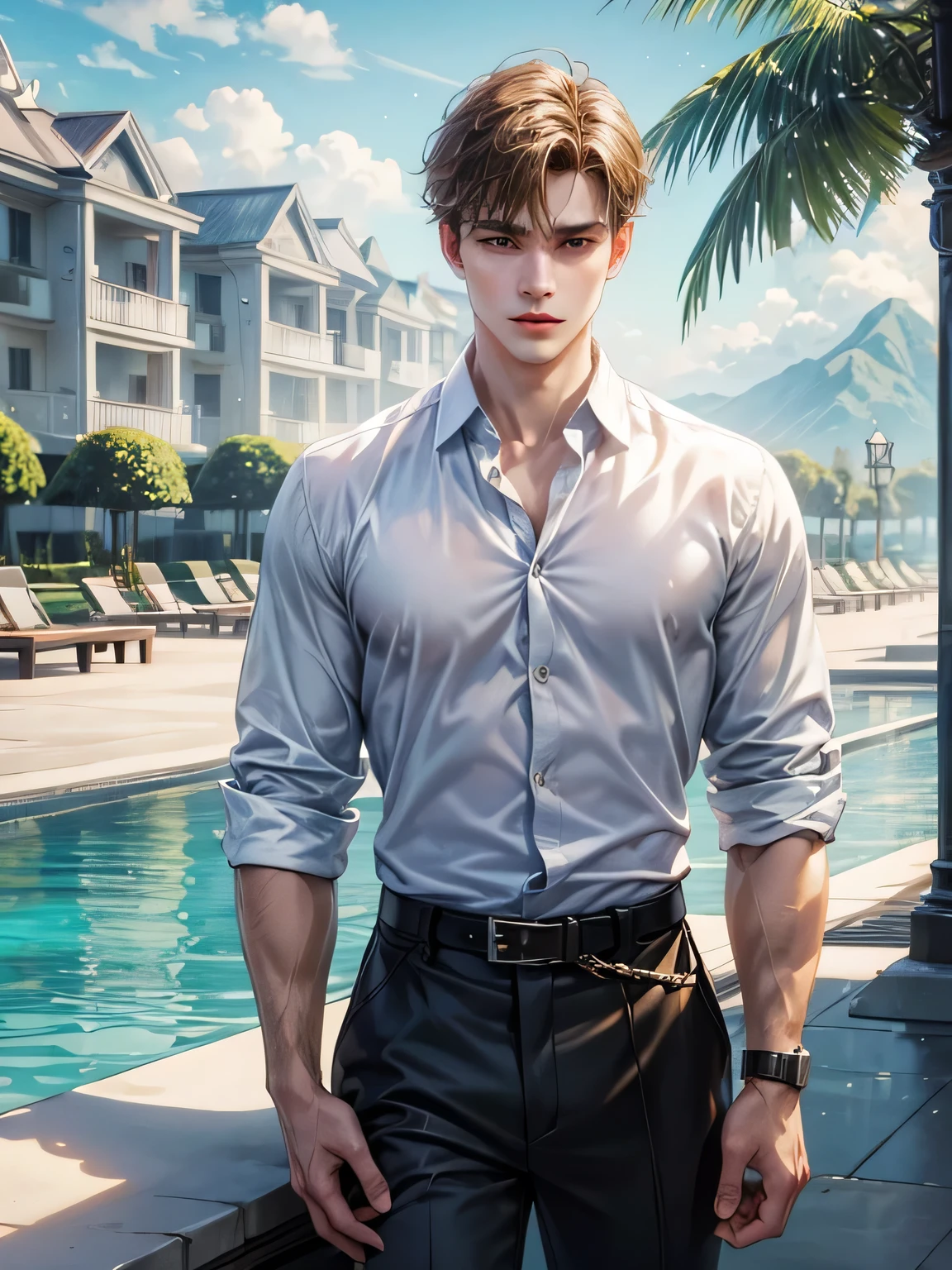 masterpiece, best quality, 1man, adult, male focus, solo, short hair, casual outfit, fashion show attire, extremely detailed resort background from the Philippines