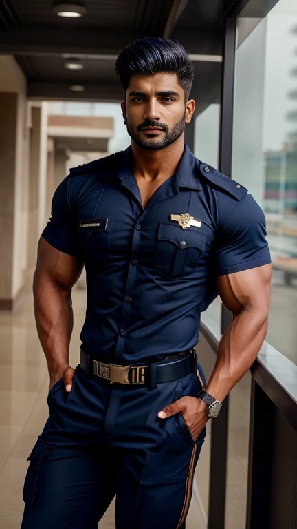 indian gurjar hunk in navy security guard uniform with batches on shirt and huge bulge