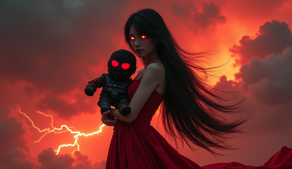  in red dress and with tall black hair is holding plushie F.E.A.R. operative wearing tactical black balaclava and red googles. Her eyes glow red and she is looking at red chaotic sky