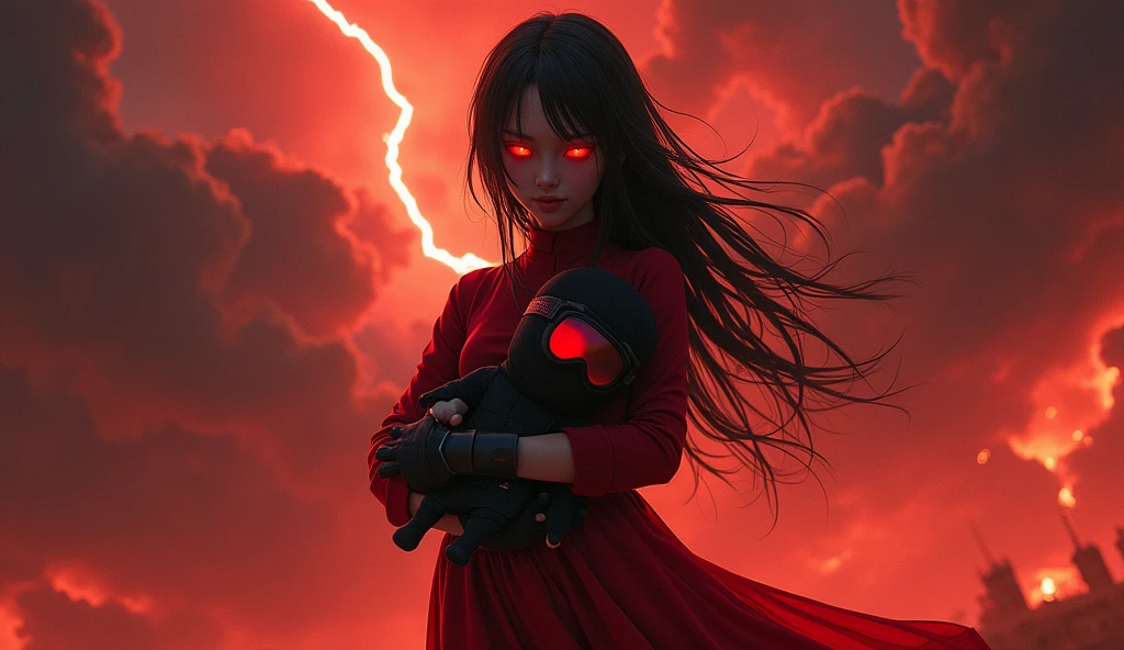 in red dress and with tall black hair is holding plushie F.E.A.R. operative wearing tactical black balaclava and red googles. Her eyes glow red and she is looking at red chaotic sky