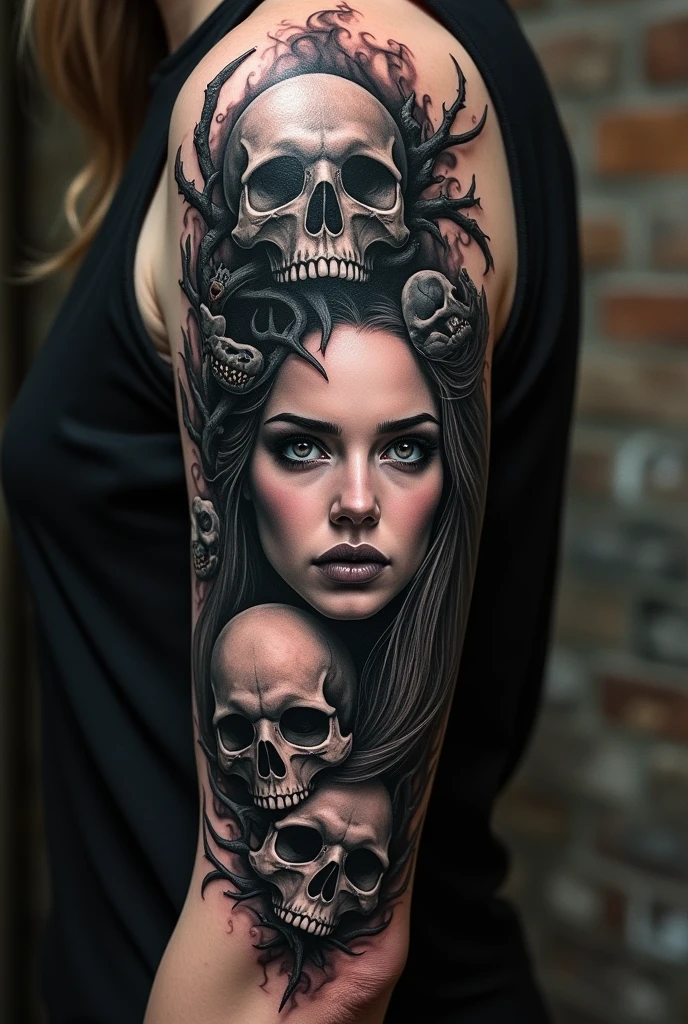 Create a tattoo with a quarter of a woman's face, skulls and demons for the arm