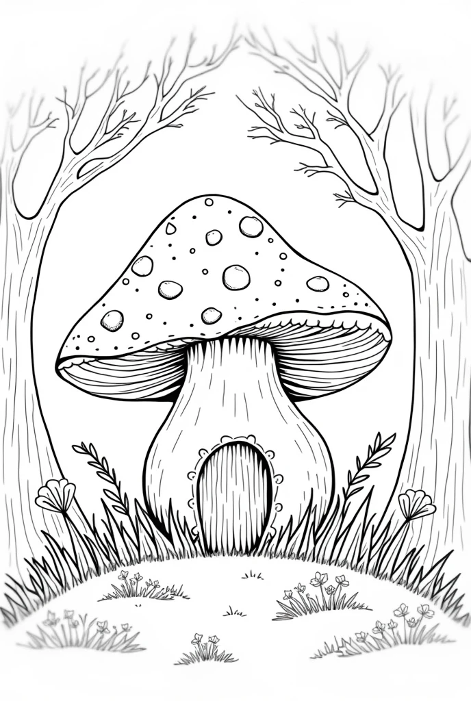 Generate a mushroom House coloring book pages high details no grayscale no color but the design is simple black and white  nature background 