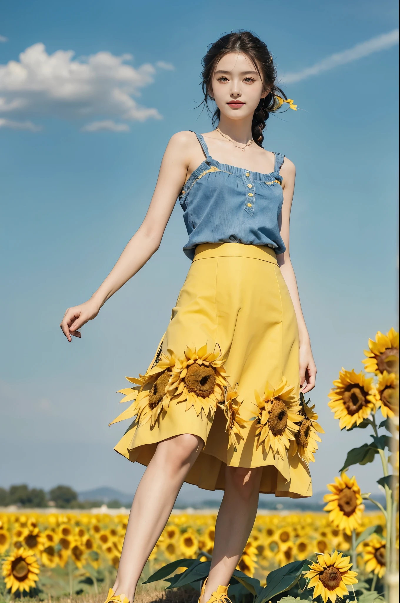 (((best quality))), (((ultra detailed))), (((masterpiece))), illustration,((a beautiful Ukrainian girl,solo)),((slim,thin)),((small breasts,flat chest)),(standing amidst a field of sunflowers:1.3),(short blue braid hair:1.3), (((vibrant blue shirt,maxi bright yellow skirt))),(slender legs:1.2),(loafers:1.2),((from front,full body)),complementary attire, (horizon as backdrop:1.2),((brilliant shade of clear blue sky, stark contrast with sea of yellow sunflowers)),striking features, sharp piercing eyes, warm kindness, subtle smile, gentle nature, simplicity of beauty
