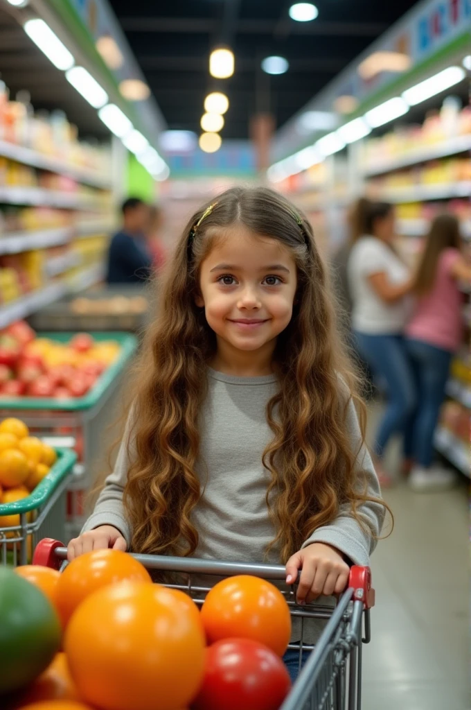 A girl with very long brown hair and brown eyes in the supermarket who does his shopping