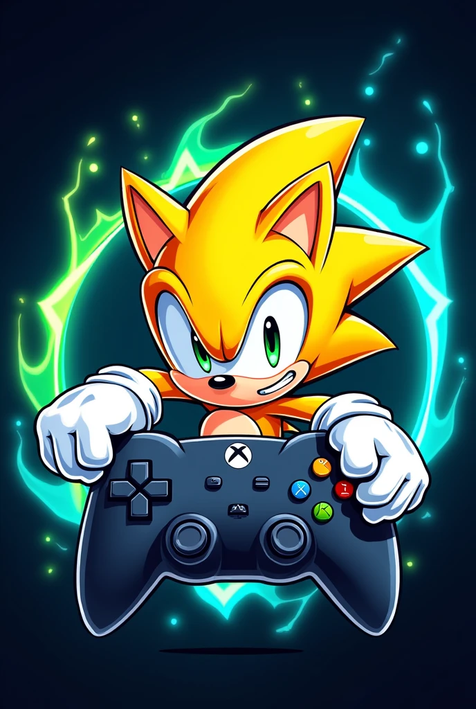 Make a game logo that has a controller in the corner Yellow Sonic 
