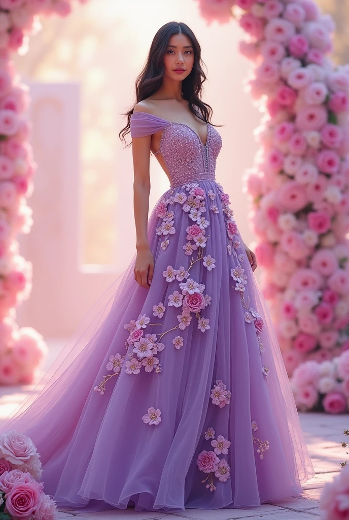 A floral clothing art for my brand naazique. Please don't show womens. Show a kind of dress with color lavender or magenta combination