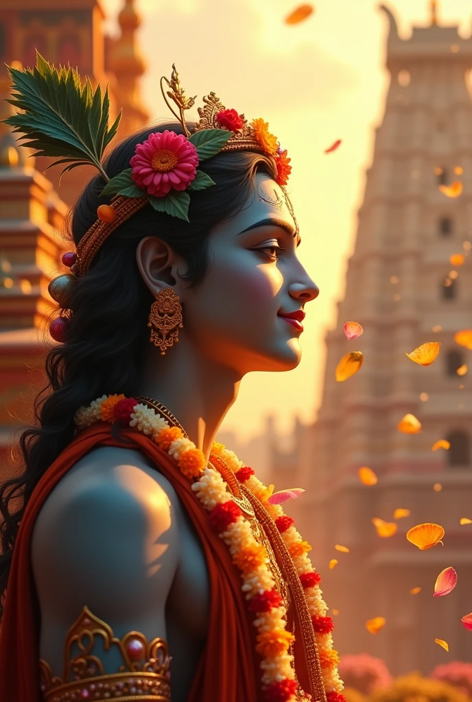 A captivating and tranquil image of Lord Krishna, exuding a gentle smile and serene expression. He is set against the iconic backdrop of the majestic Jagannath Temple, showcasing its grand architecture. Soft, golden lighting envelops the scene, creating a warm and inviting ambiance that draws the viewer in. Floating flower petals drift around Lord Krishna, adding a touch of nature and spirituality to the composition. The text "କଣ କଲୁ କାଳିଆ ତୁ" appears  in odia language at the top corner, written in a traditional, script-like font with a golden aura. This text symbolizes the divine connection between the devotional music and the deity, elevating the image to a higher spiritual plane. Overall