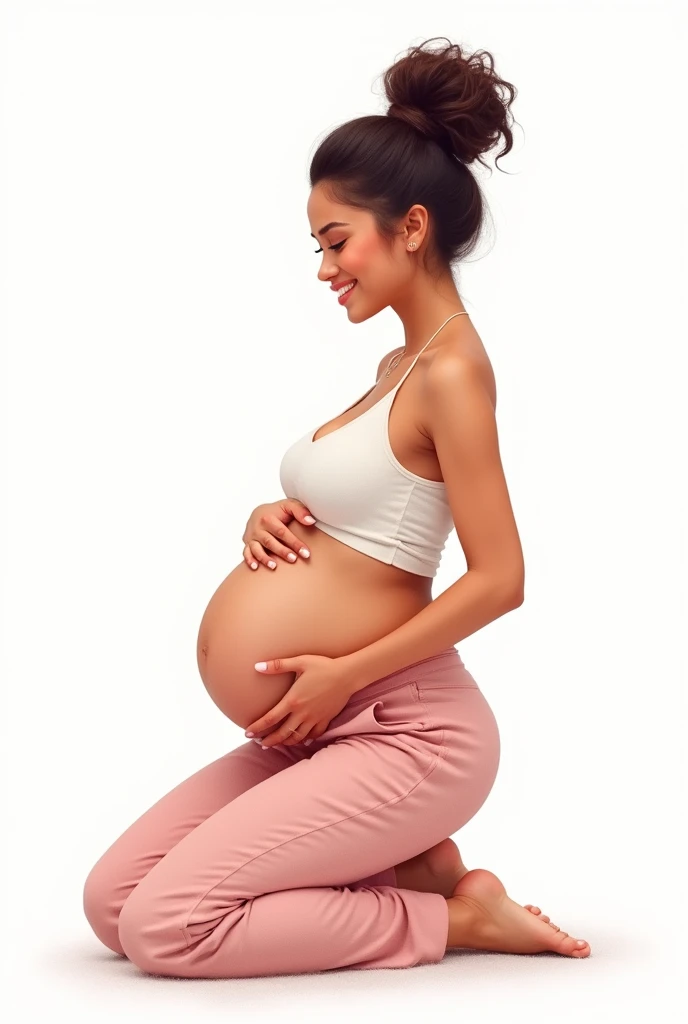 digital airbrush illustration art, oil watercolor, of a whole woman, smiling, on your knees, in pants, pregnant, une main sur son ventre  u et portant un haut court, hair in a high bun, centered on a plain white background
