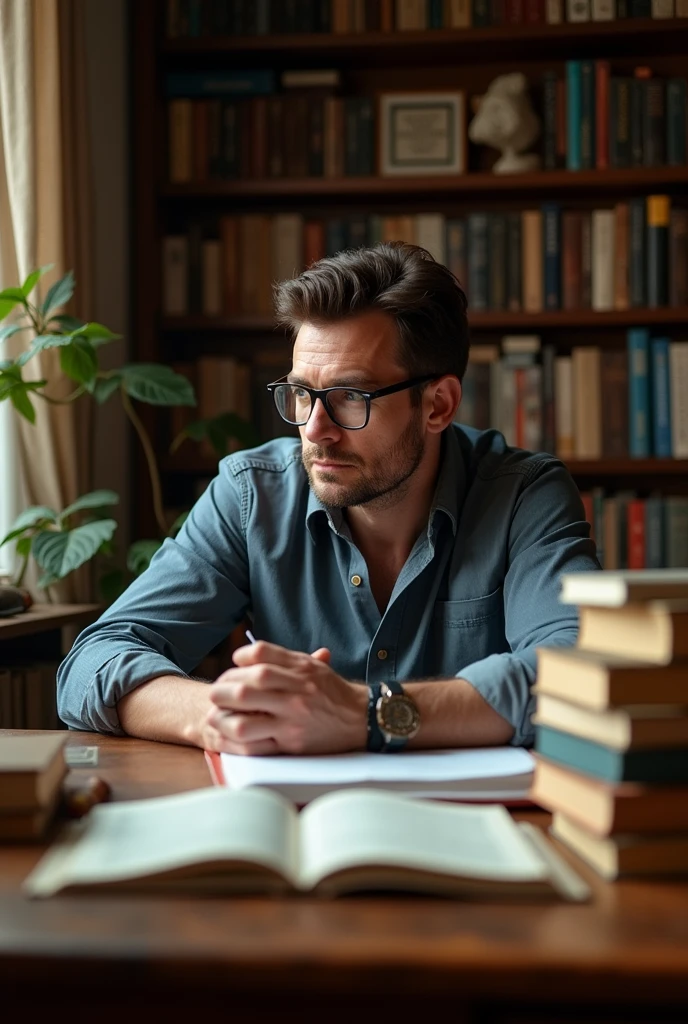 "A serious and focused man, looking straight ahead, With a thoughtful expression. He wears reading glasses and is seated at a desk. Ao redor dele, there's a stack of books and some papers, but he isn't writing anything. The lighting is soft and highlights his face, with the background environment suggesting a well-organized reading space or office, reflecting on his role as a beta reader.