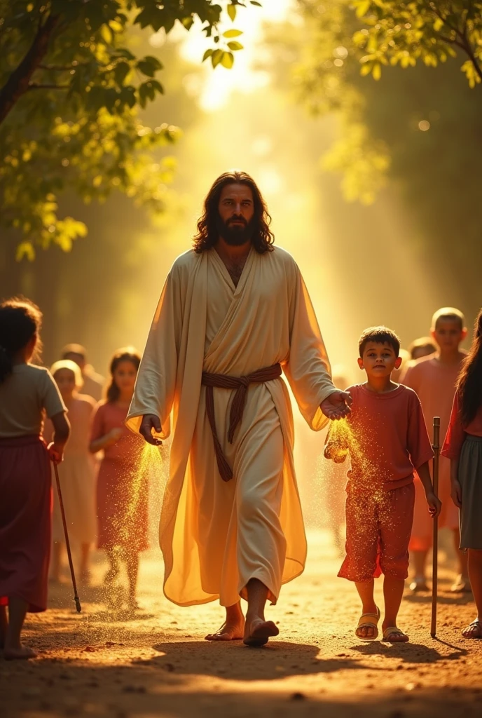 Where Jesus passes there is healing
Drawing of Jesus walking down the road with sick people, blind, thighs and as it passes, sheds a drop of blood and the person is healed