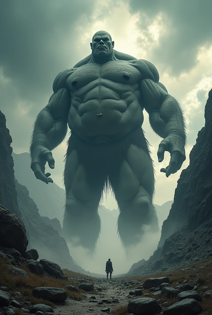 A giant who crushes the earth, which is as big as a mountain. Looking up from below Huge belly Lower Body feet