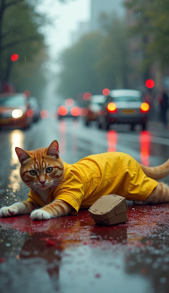 At an rain day, the cat's dress yellow clothes scooter is struck by a speeding car. The cat's body lies in the middle of the road, Blood streams downwith the delivery boxes' contents scattered everywhere. The cat's uniform is torn, and its hat is thrown aside, creating a scene of utter devastation. The background shows cars screeching to a halt and pedestrians with shocked expressions.，