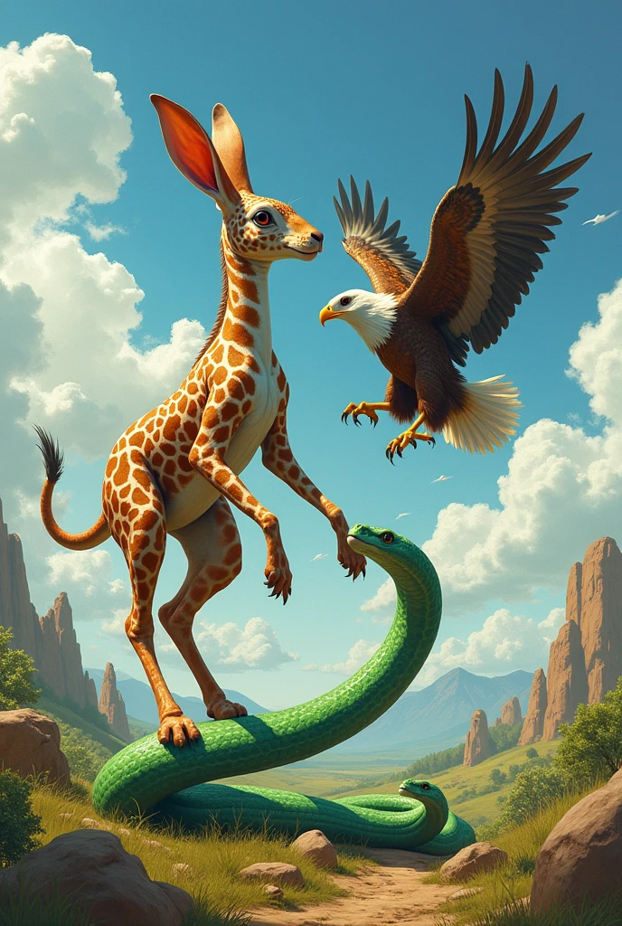 A rabbit with giraffe mutation stepping on a snake and the snake biting the giraffe and transforming into half eagle
