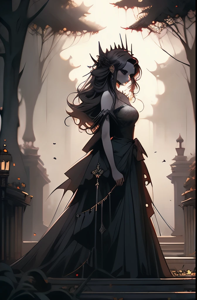 a picture taken from a cemetery at night with a ghost walking in the cemetery, hauntingly beautiful art, la llorona, corpse bride art style, gothic wraith maiden, inspired by Gustave Dore, luthien, style of esao andrews, beautiful depiction, michael whelan and gustave dore, gothic fantasy art, goddess of death in a graveyard