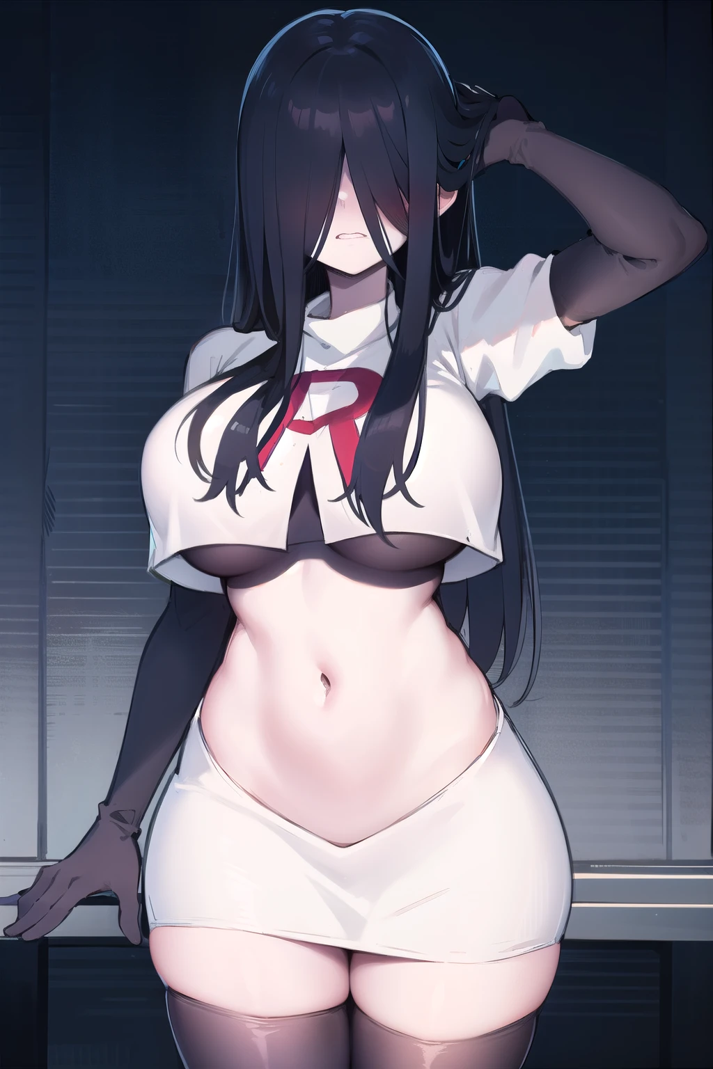 masterpiece, detailed, high quality, absurdres, sadako, (hair over eyes), pale skin, blush, large breasts, curvy, navel, stomach, groin, team rocket,team rocket uniform,white skirt,red letter R,crop top,black thigh-highs,black elbow gloves, cowboy shot,