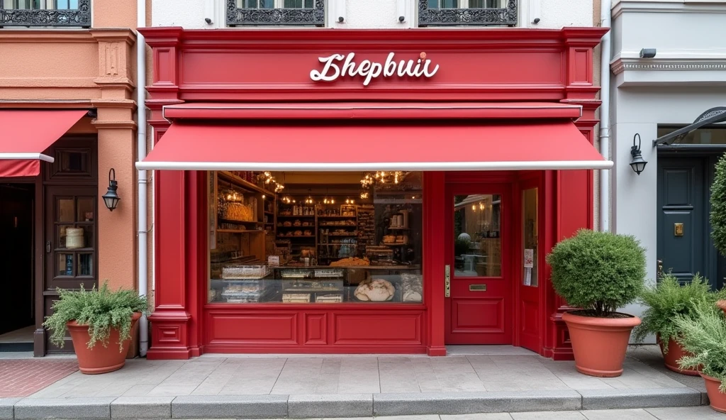 Exterior of the bakery, red and white colors