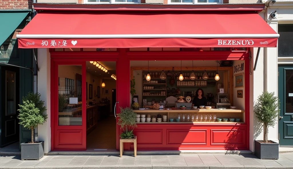 Exterior of the bakery, red and white colors