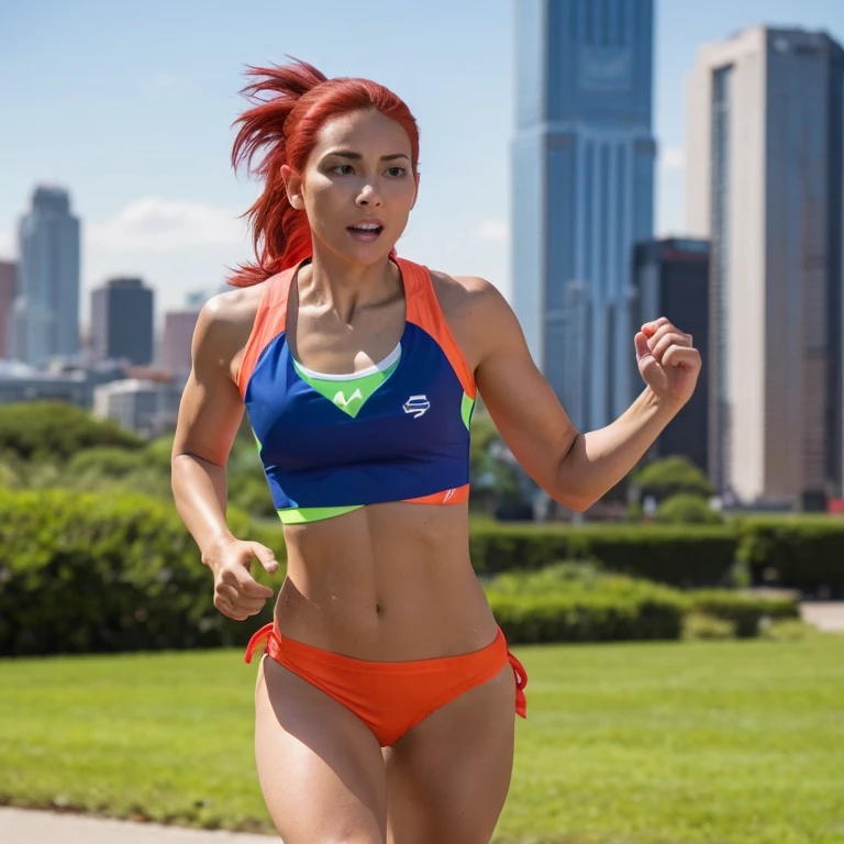 A picture of a beautiful Latina woman running, athletic with red hair, she is running a marathon, sporty woman, Strong body, sexy female athlete, marathon in a city, details of sweat on the skin, She wore a sporty thong and a sporty crop top..