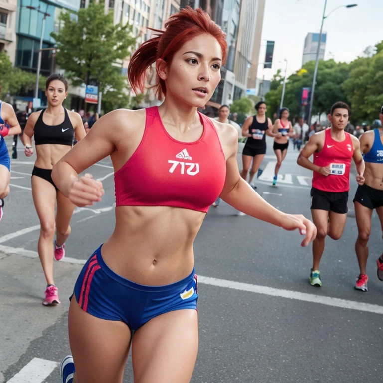 A picture of a beautiful Latina woman running, athletic with red hair, she is running a marathon, sporty woman, Strong body, sexy female athlete, marathon in a city, details of sweat on the skin, She wore a sporty thong and a sporty crop top..