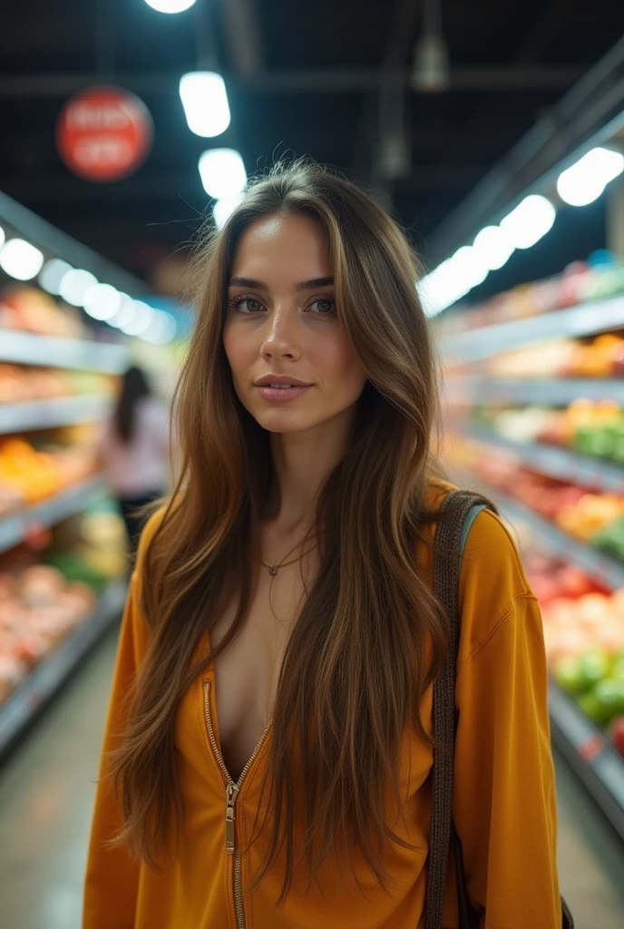 A woman with very long brown hair and brown eyes in the supermarket who does his shopping