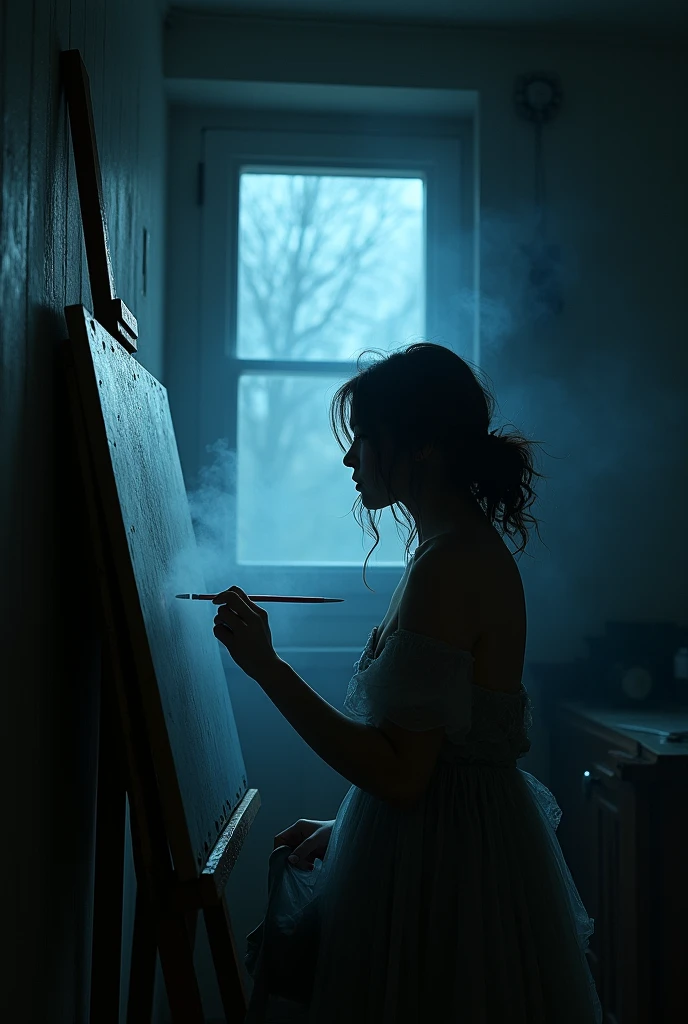 Strange Presence in the Apartment: The room grows colder as Lydia continues to paint. The temperature is visibly dropping, with a faint mist forming in the air. Lydia pauses, her breath visible, while faint whispers echo around her. Shadows creep across the room, suggesting an invisible presence watching her.