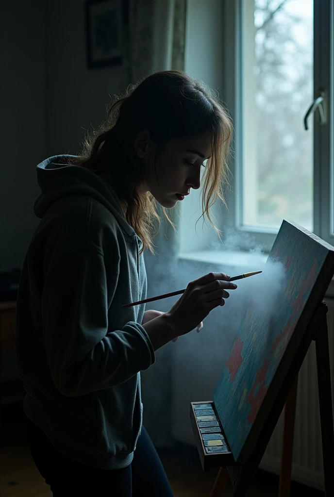 Strange Presence in the Apartment: The room grows colder as Lydia continues to paint. The temperature is visibly dropping, with a faint mist forming in the air. Lydia pauses, her breath visible, while faint whispers echo around her. Shadows creep across the room, suggesting an invisible presence watching her.