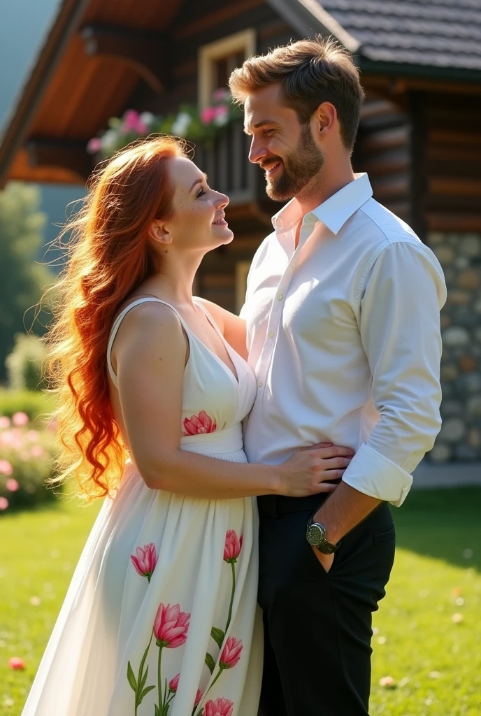 A plump woman with wide hips and small breasts, she is beautiful. Her hair is long and red, her cheeks are full of freckles and red.. Dressed in a flowing white dress with a design of pink tulips.
A handsome man of 38 years old with short, dark blonde hair, Striking green eyes, his sculpted jaw and stubble he is handsome with black dress pants and a white button-down shirt.
They are facing each other and in the background there is a large and beautiful chalet.
