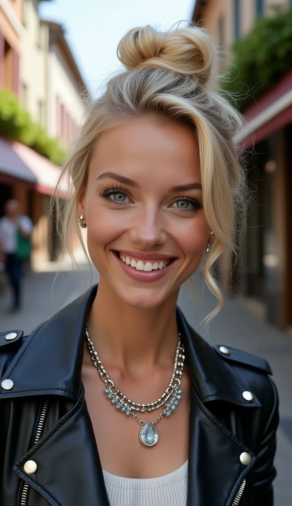 Super Resolution、Beautiful Caucasian Woman、Blonde Hair、blue eyes、Hairstyle bun、ear piercing、necklace、leather jacket、shirt、smile、Beautiful teeth alignment、The background is a town street