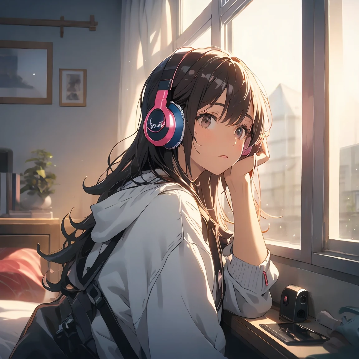 Optimal，masterpiece，High resolution，Highest quality，A warm room。A beautiful woman looking out the window。Wearing one headphone。It&#39;s night outside。Clothes are hoodies。profile