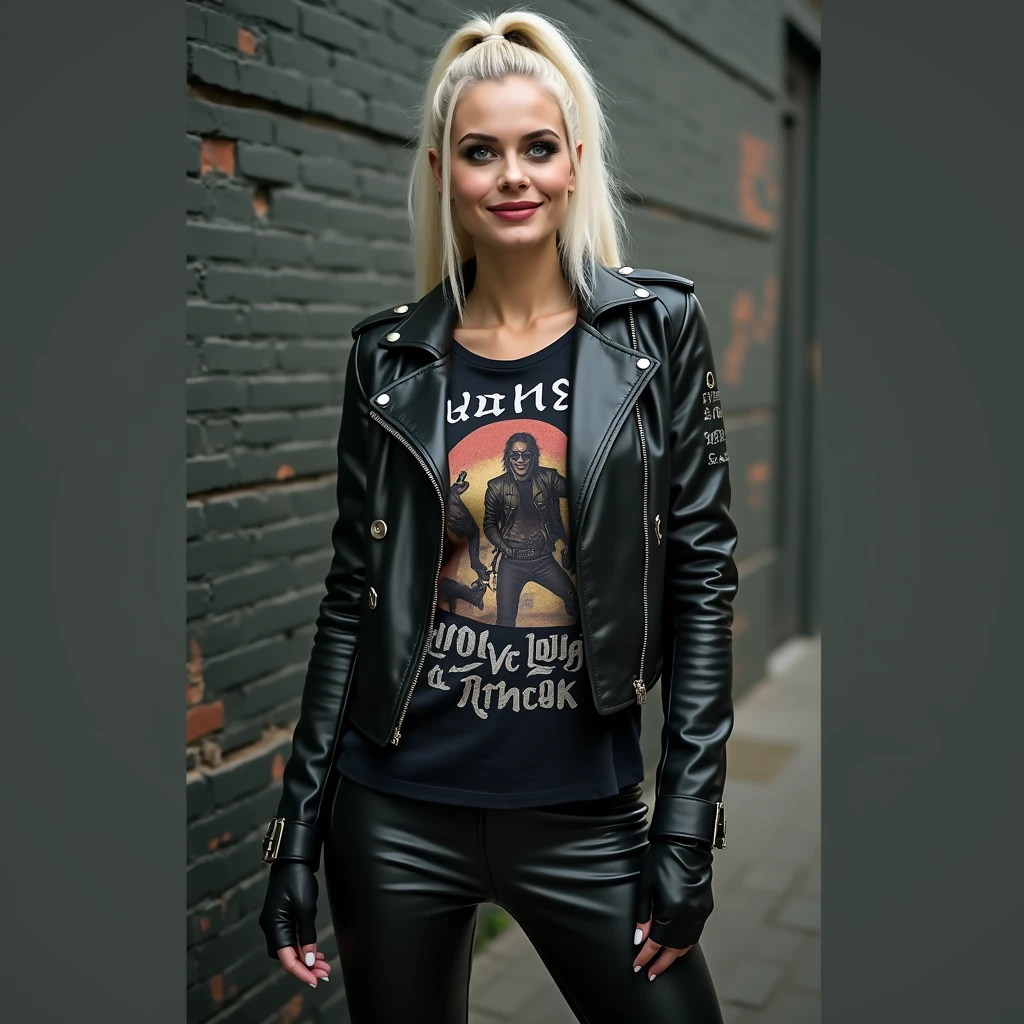 Russian milf, platinum blonde hair in ponytail ,with very light blue eyes, pale, heavy makeup. Wearing black moto jacket, rock t-shirt , black leather jeans and white tennis sneakers. Leaning on a wall,smiling
