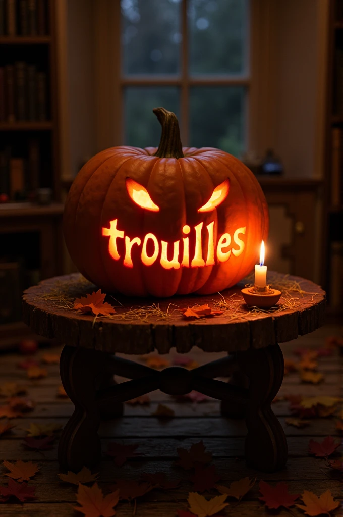 The word trouilles carved in a halloween pumpkin