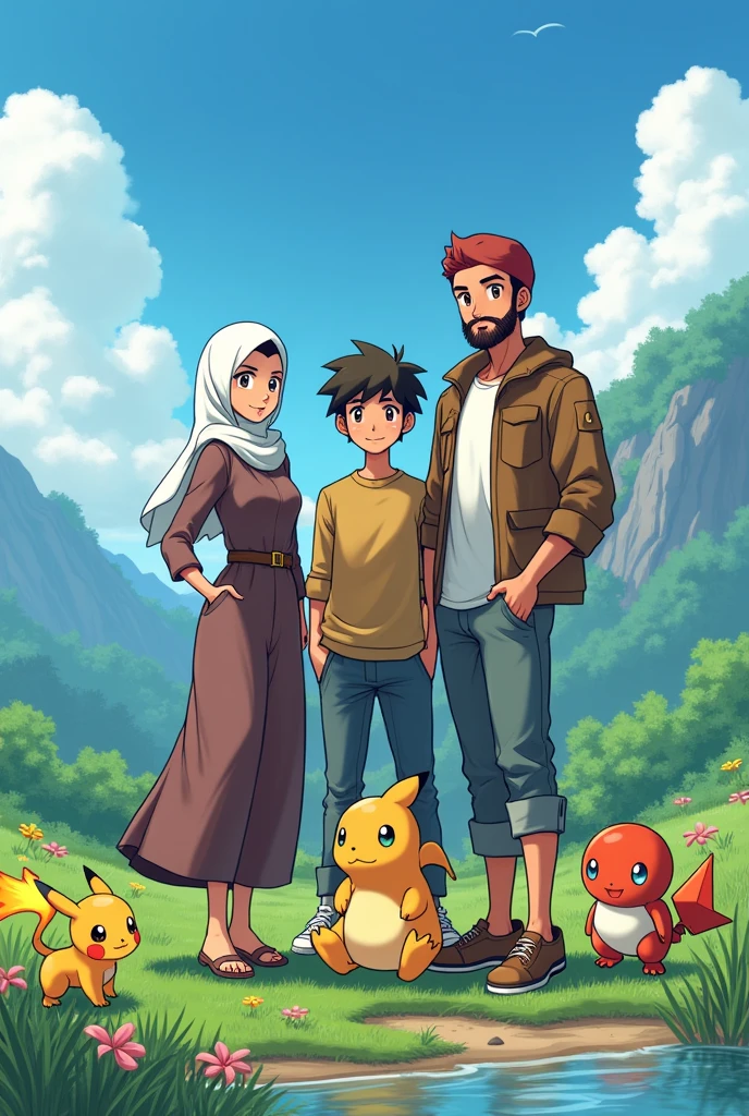 3 adults, I am a Pokemon trainer with a hijab, fair skin, brown eyes, curvy body with long clothes
Then my brother, a Pokemon Trainer, with medium-length curly hair with a fade, full beard, sturdy, leicht gebräunt und brown eyes.
Then my husband, a Pokemon Trainer, with a bald head, slightly red full beard, sturdy, white skin and green-blue eyes.
The three of us have the starter Pokémon from Kanto, Glumanda, schiggi und bisasam