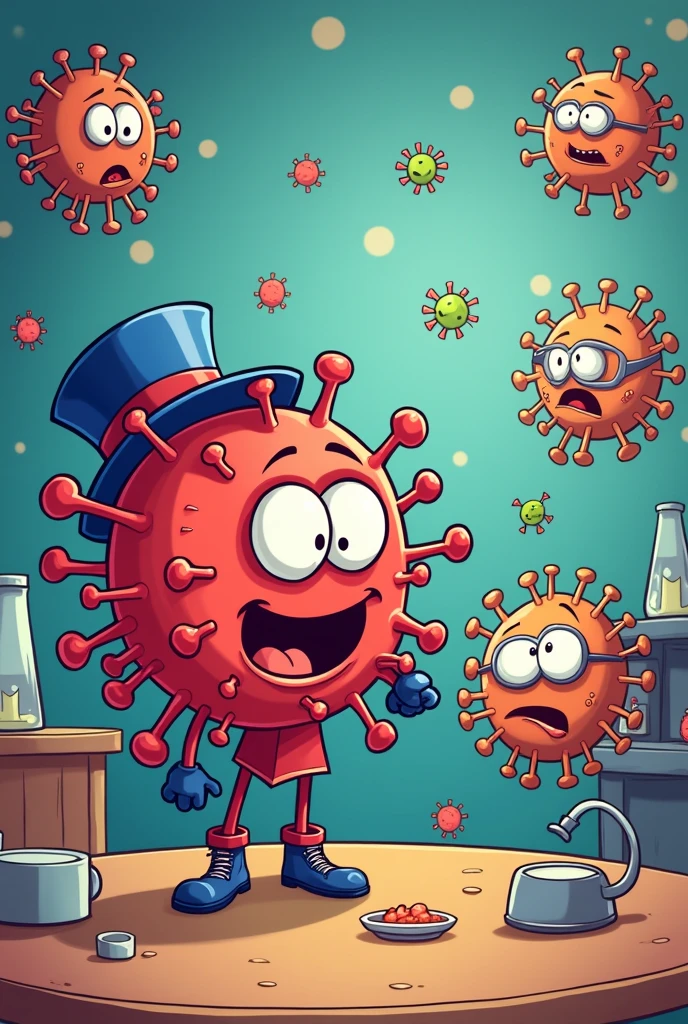 Demonstration of an antigenic variation deceiving the immune system, without text and with cartoon features and in a funny way 
