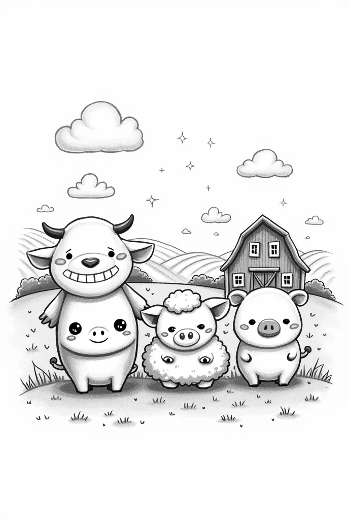 black and white drawing of farm animals in kawai style