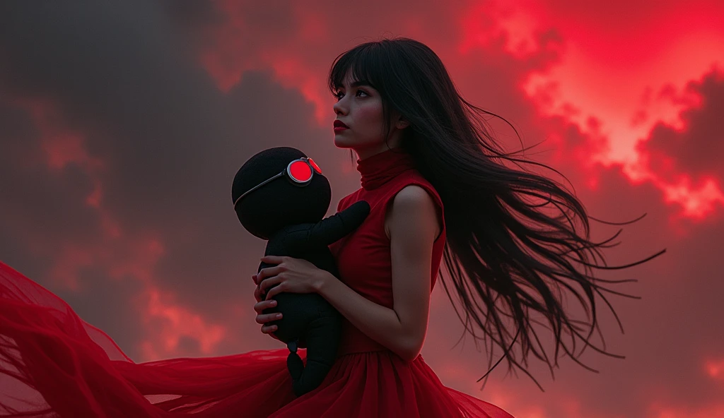 in red dress and with tall black hair is holding plushie F.E.A.R. operative wearing tactical black balaclava and red googles. Her eyes glow red and she is looking at red chaotic sky
