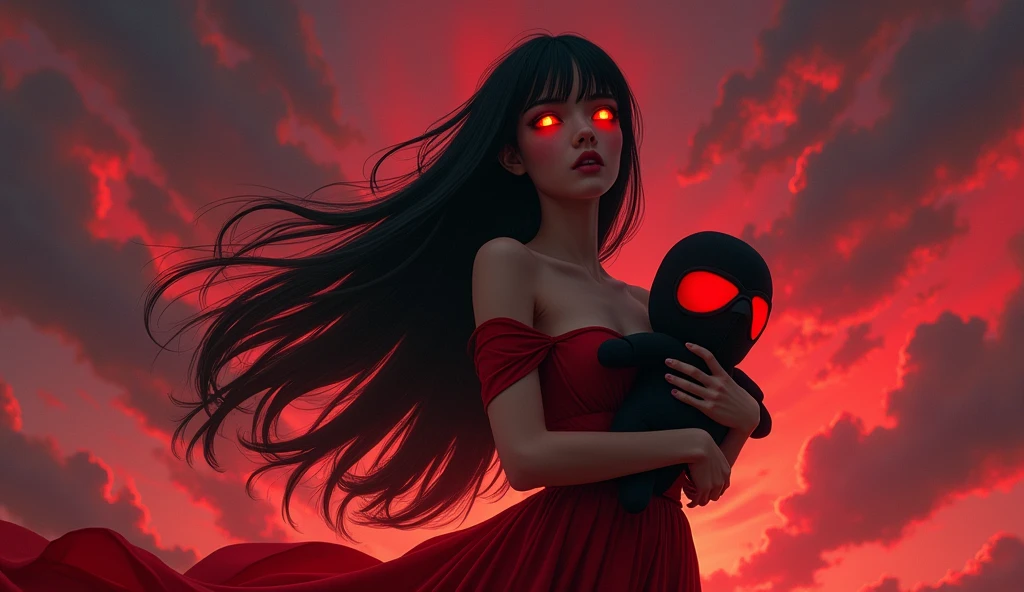 in red dress and with tall black hair is holding plushie F.E.A.R. operative wearing tactical black balaclava and red googles. Her eyes glow red and she is looking at red chaotic sky