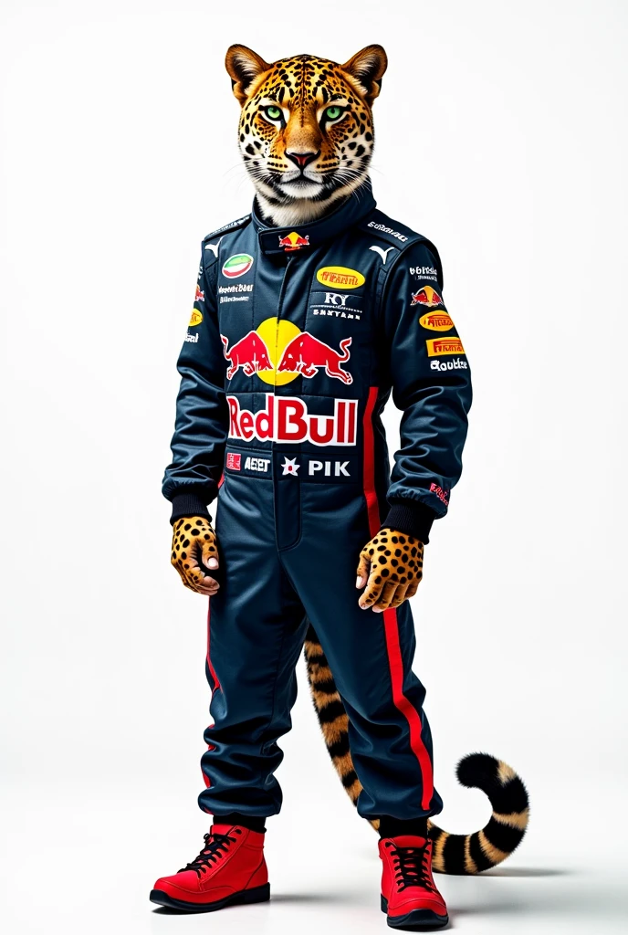 An image like the Ralph Lauren polo bear, but with a leopard dressed in a Formula 1 suit, with a white background and from the Red Bull team.