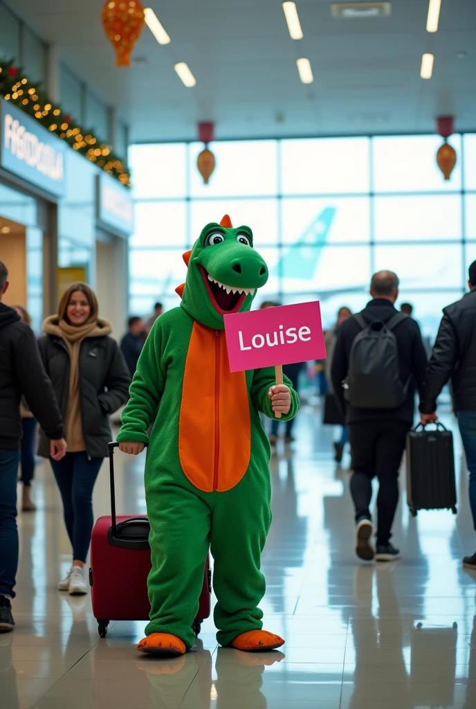 A person in a dinosaur costume waiting at the airport arrival with a sign that says "Louise"