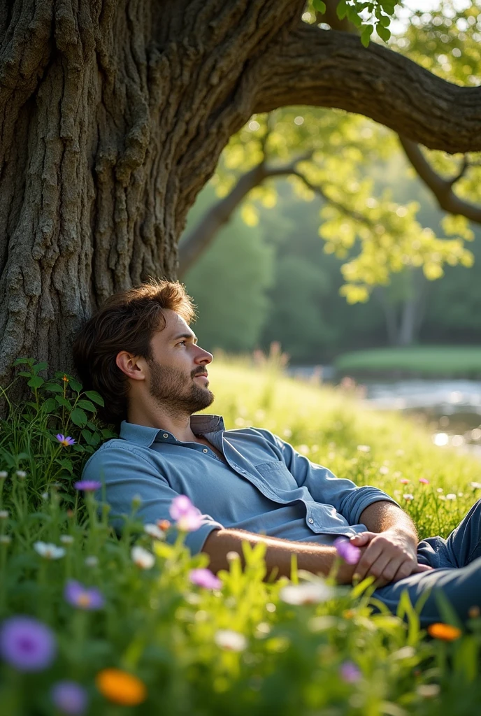 A man relaxing, sitting under tree surrounded by beautiful nature