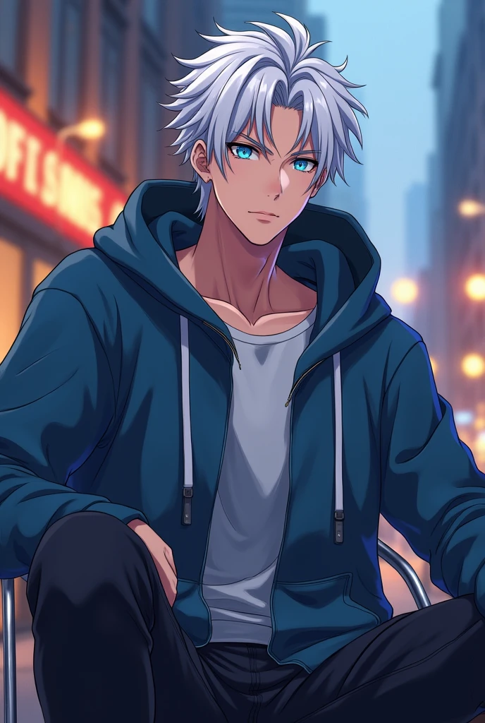 man of 20 years sitting on chair facing forward, hair color is white,skin color is white ,blue eyes , dress is hoodie , eyes and face should be facing forward, character be like anime , having healthy body