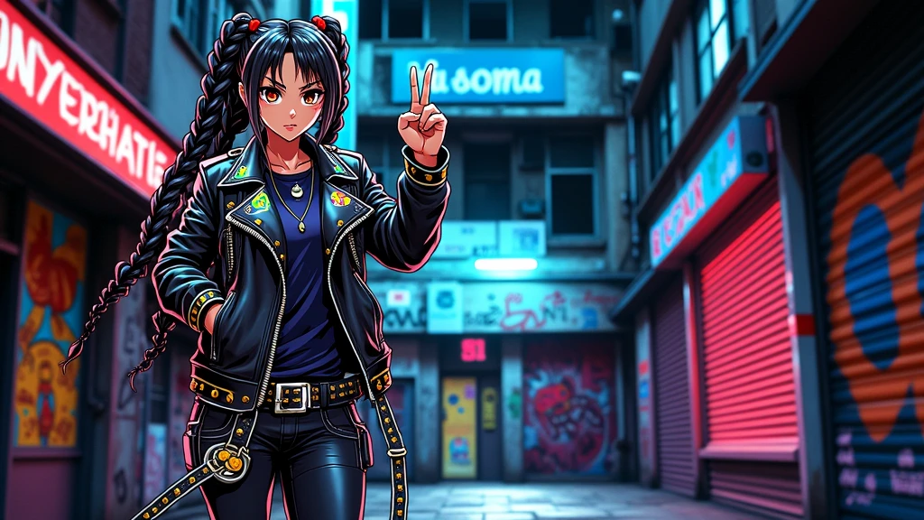 black anime character in braids with punkrock leather jacket with the middle finger