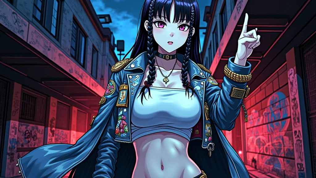 black anime character in braids with punkrock leather jacket with the middle finger